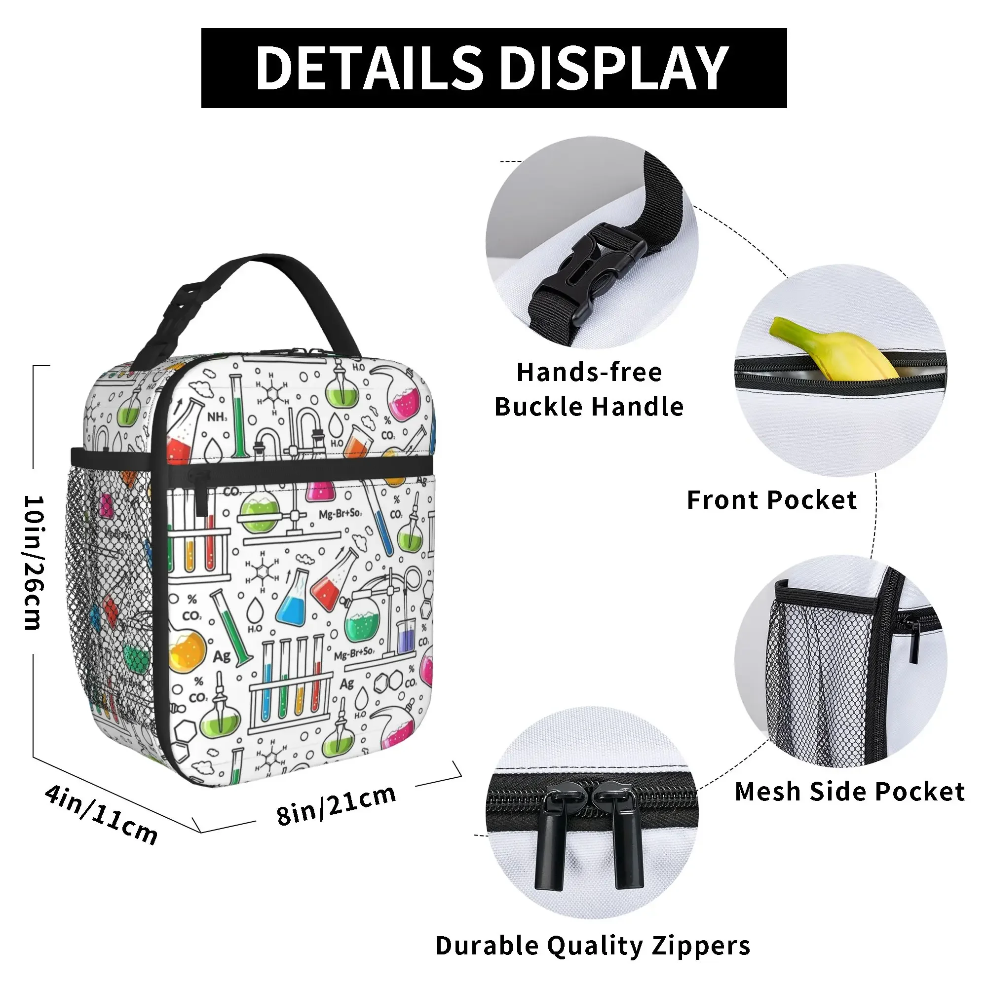 Chemistry Lab Science Equipment Pattern Lunch Bag Casual Lunch Box For Women  Outdoor Cooler Bag Oxford Thermal Tote Handbags