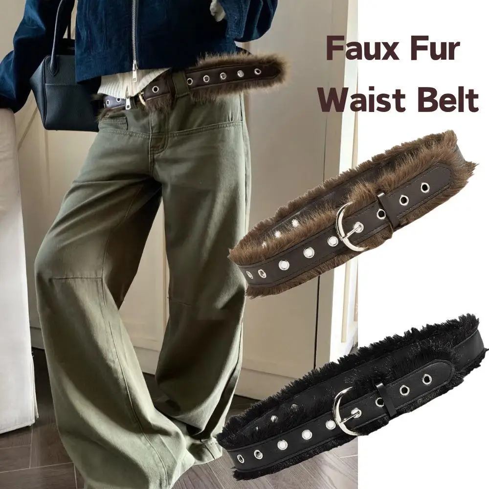 

Винтажный пояс из искусственного меха для женщин, пояс Y2K, ретро-пояс, универсальный плюшевый пояс-цепочка, осенне-зимний пояс из искусственной кожи с имитацией меха.