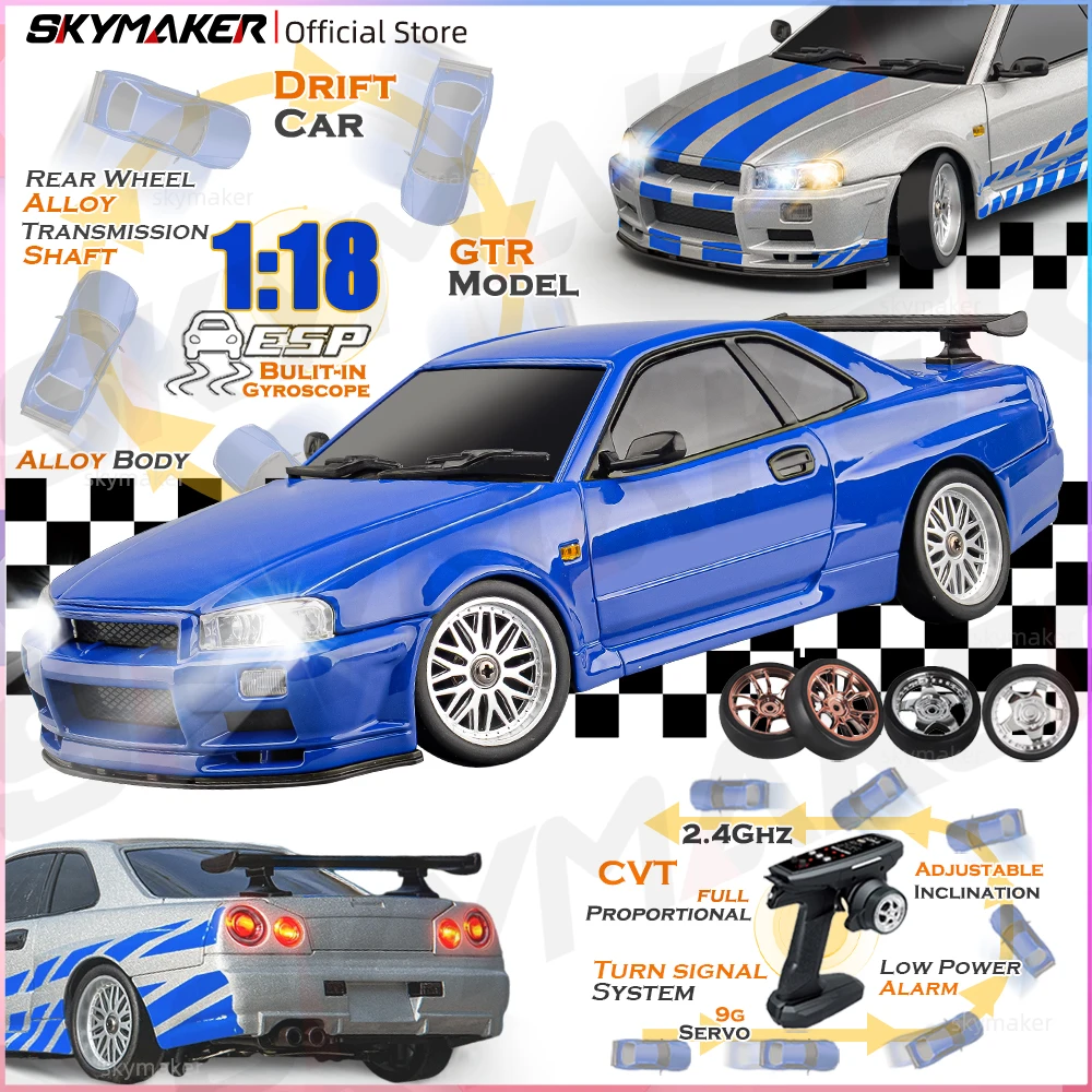 Skymaker LDRC 1/18 RC Drift Car LD1899 GTR Mode R34 2.4GHz RWD with Gyroscope on-Road Alloy Body Shell Racing Car for Boys Gifts