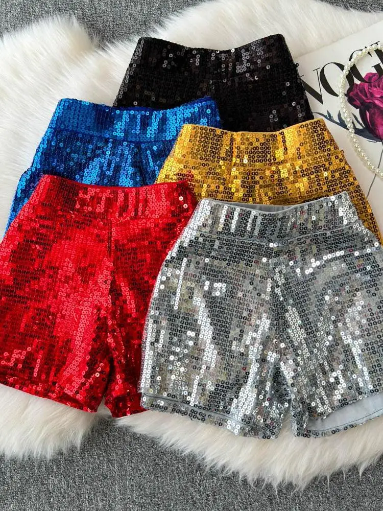 Shiny Sequin Heavy Work Nightclub Lady Elegant Three-quarter Short Shorts Hot Pants Women's Fashionable Commute Style High Waist