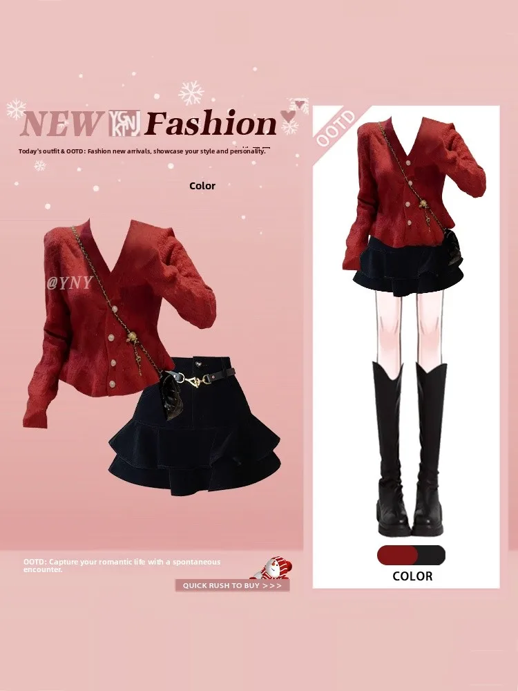 

Red Knitted Open Cardigan And Pleated Skirt Set Women's Faion Vintage Sle Winter Warm High Waist Skirt Long Sve V Ne