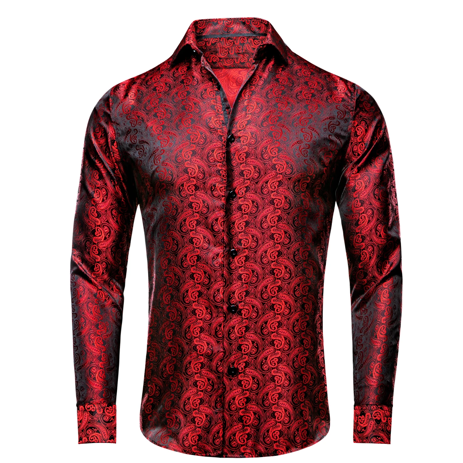 Hi-Tie Spring Autumn Mens Shirts Silk Red Black Paisley Suit Turndown Collar Shirt Casual Formal for Male Wedding Business Gifts