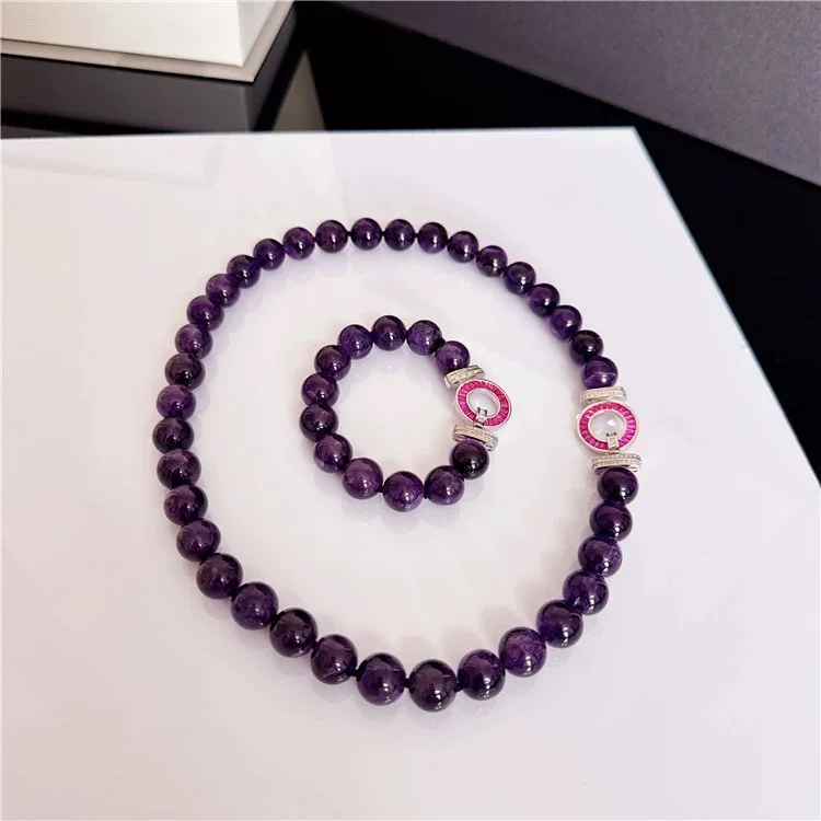 

New natural 12mm amethyst round bead necklace bracelet set