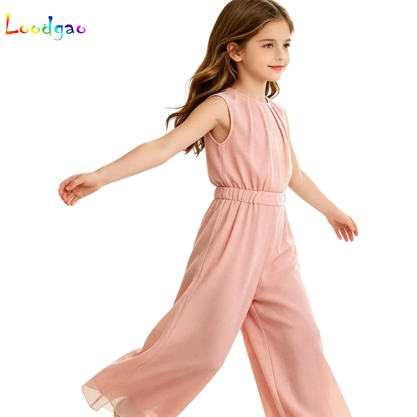 Girls' Casual Shimmery Mesh Jumpsuit Sleeveless Double-layer Wide-leg Pants Romper One-Piece Fashion Outdoor Leisure Outfit