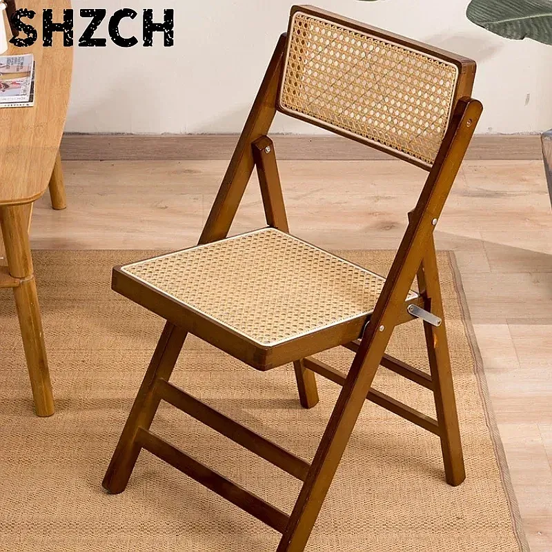 Bamboo Foldable Stool with Back Rattan Dining Chair Portable Adult Outdoor Bench