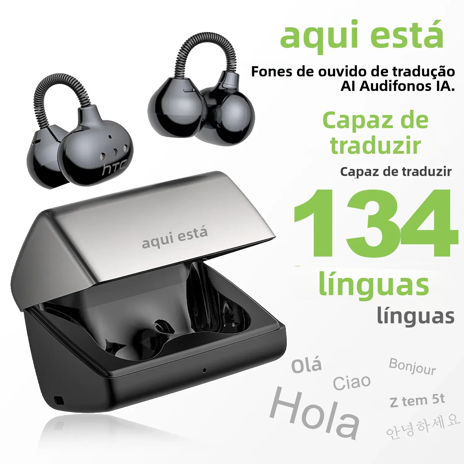 [Auriculares AI Tradutor] HTC NE67 Bluetooth V6.0 Fones de ouvido portáteis sem fio Conforto Earclip com corrente suspensa