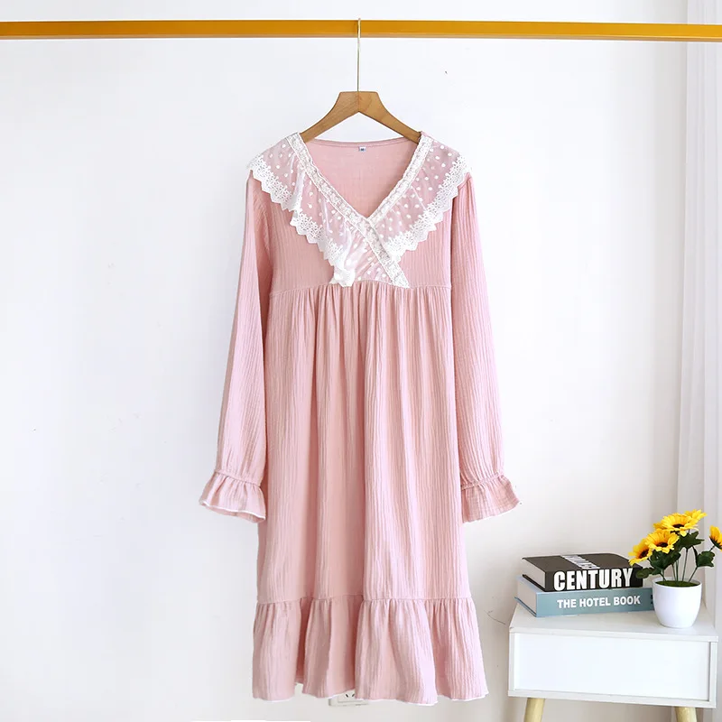 Japanese new spring and summer ladies nightdress 100% cotton crepe long skirt sweet princess long sleeve skirt plus size women