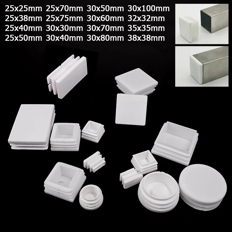 1-10pcs White Square Pipe Tube Cap Plastic Tubing End Cap Glide Insert Blanking End Plug 25/30/32/38/38/40/50/60/70/75/80/100mm