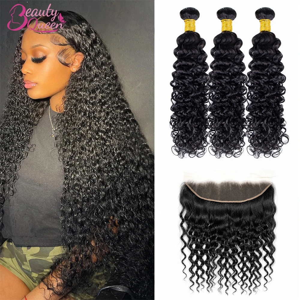 

Curly Deep Wave Human Hair Bundles With Frontal 3 Bundles Hair Extensions With 13x4 Lace Front Bundles With Closure for Women