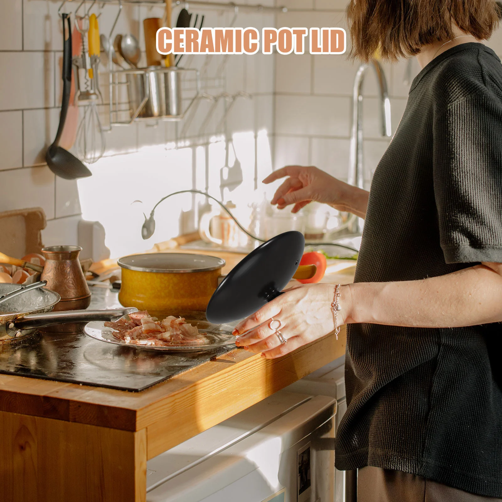 

Multipurpose Stew Pot Lid Black Ceramic Cover for Ramen Soup Clay Cookware Round Lid Home Kitchen Restaurant Hotel Use Stewing