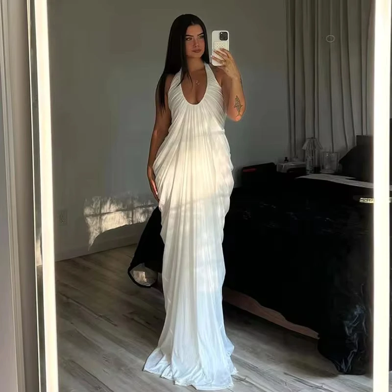 

Mesh Halter Backless Sexy Maxi Dress Women Gown Fashion Elegant V Neck Sleeveless Pleated Club Party Long Dresses
