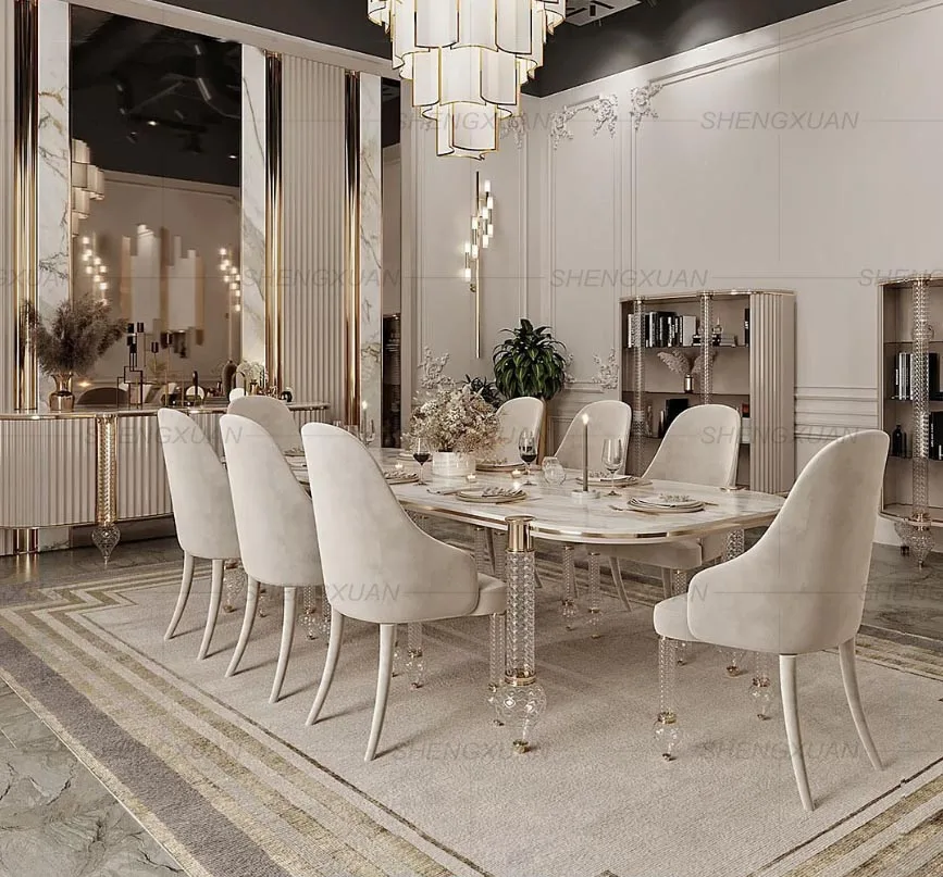 High Quality Luxury Marble Top Irregular Oval Square Dining Table Royal Acrylic Leg Dining Table Sets 6 Chair Dining Table