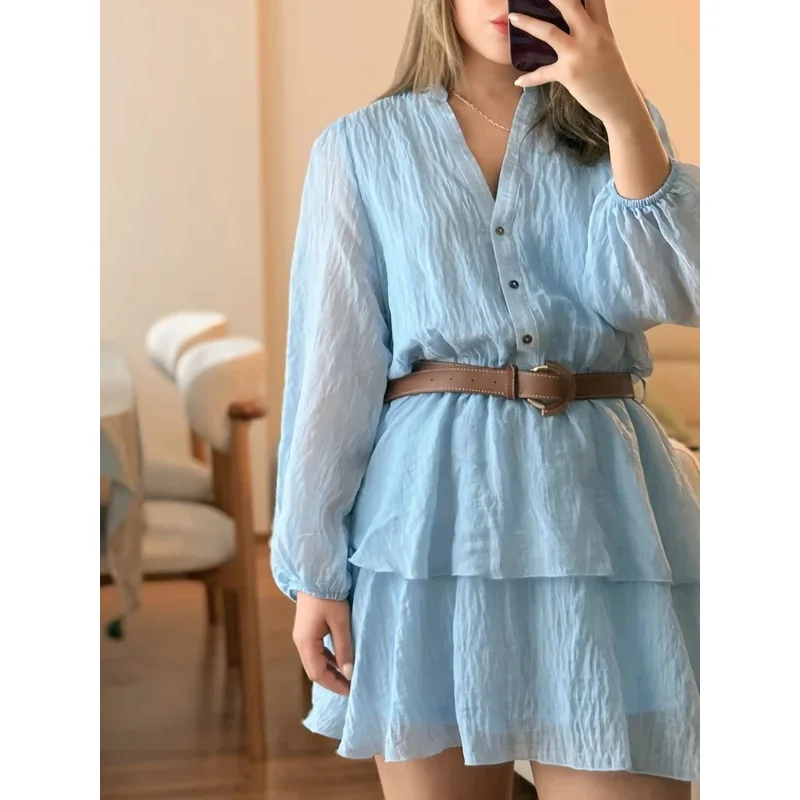 Moda casual feminina em camadas cor sólida com decote em v único breasted manga comprida faixa mini vestido nova moda 2025 vestido de verão