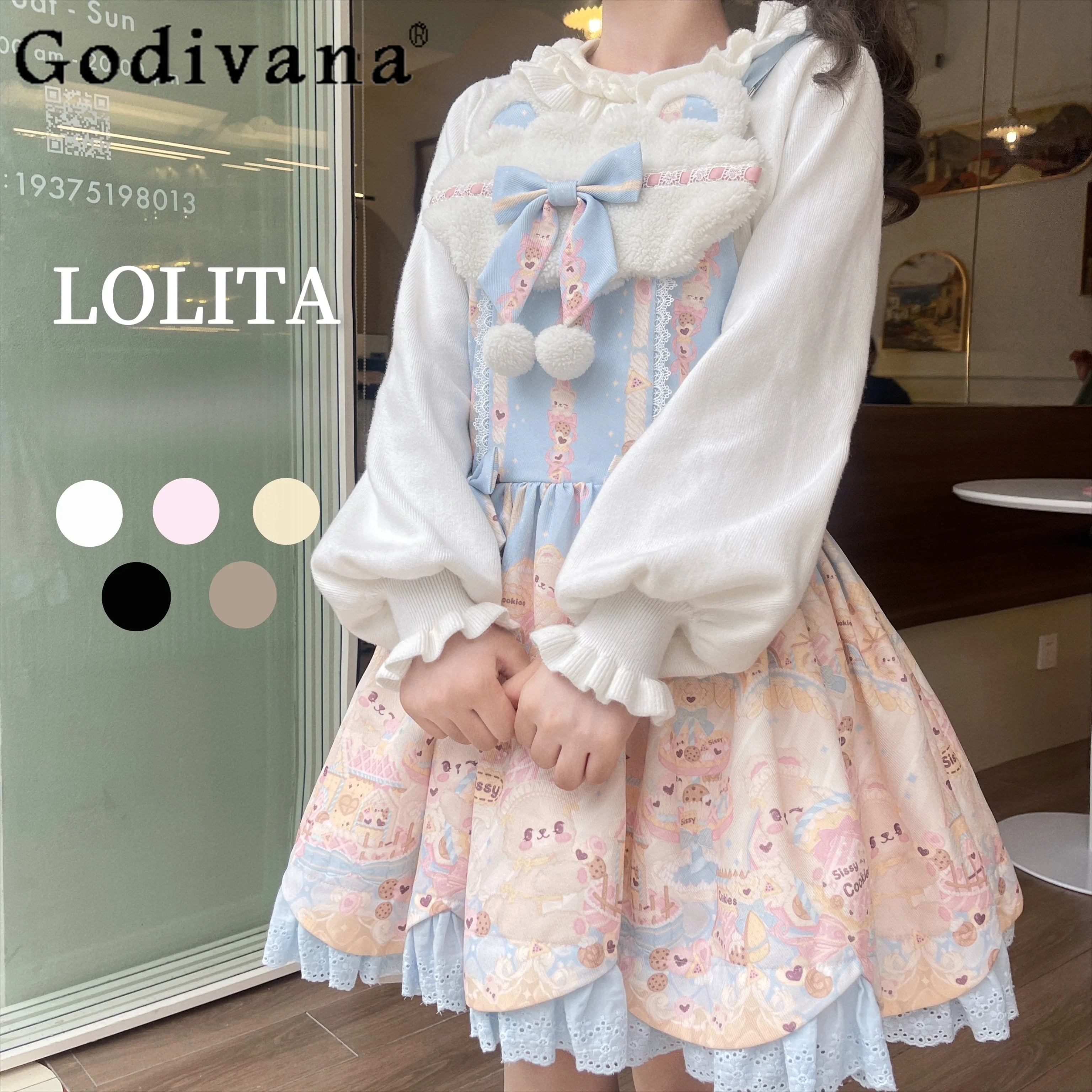 

Original Japanese Style Lolita Inside Sweaters Womens Cute Sweet Girls Lace Collar Lantern Sleeve Knitwear Top Autumn and Winter