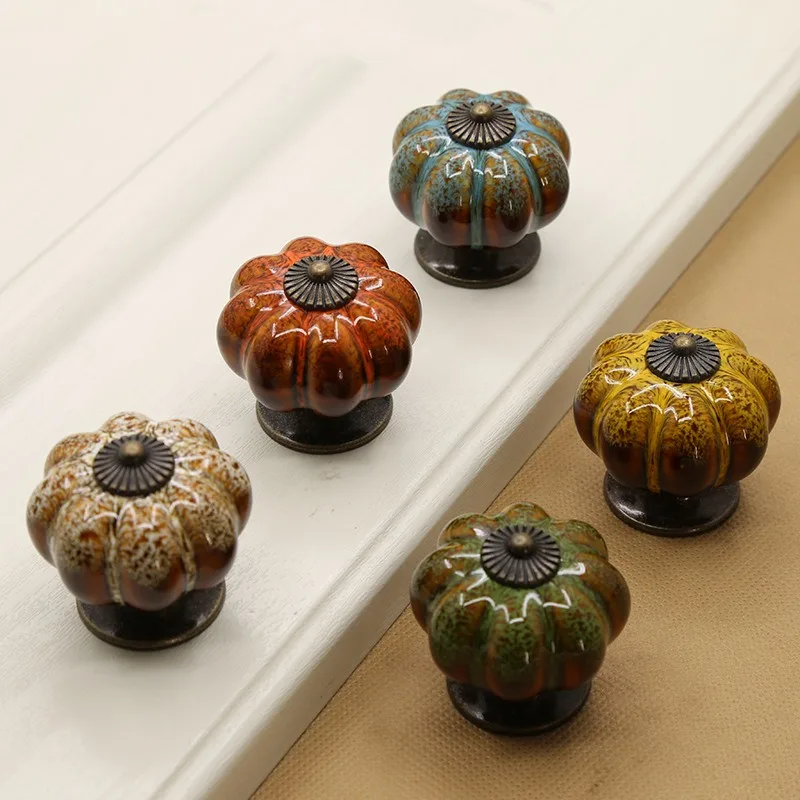 Adorable Small Round Pumpkin Ceramic Cabinet Pull Knobs with Screws, Vintage Drawer Wardrobe Closet Cupboard handle for doors