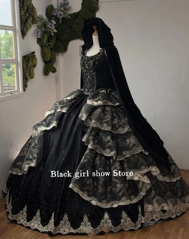Personalizado preto gótico quinceanera vestido bordado apliques espartilho doce 15 vestidos de 15 quinceañera princesa vestido de baile