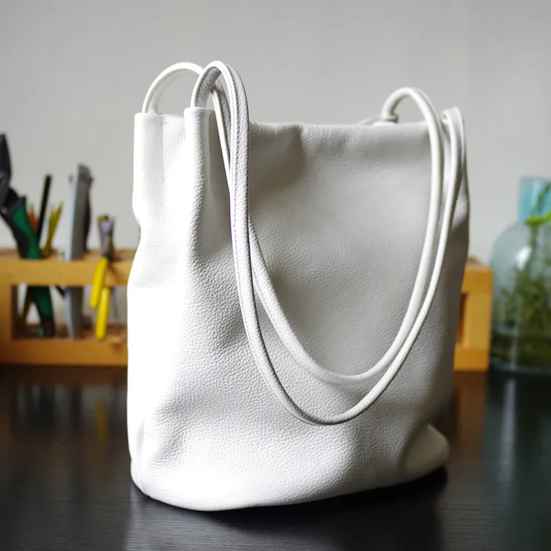 

Simple Women Genuine Leather Shoulder Bags White Soft Cowhide Bucket Bag Casual Daily Hobo Handbags Large Capacity Shopper Purse