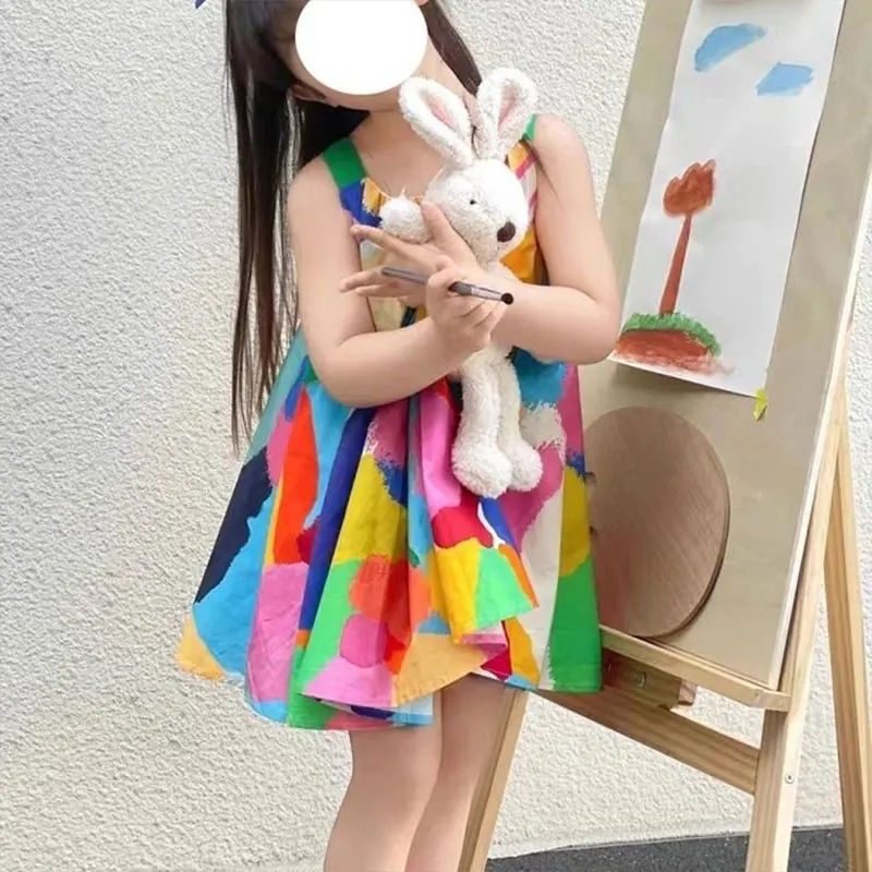 Elegant Fashion Harajuku Slim Fit Children Clothes Loose Casual All Match Camisole Skirt Printed Sleeveless Bow Knot Dresses