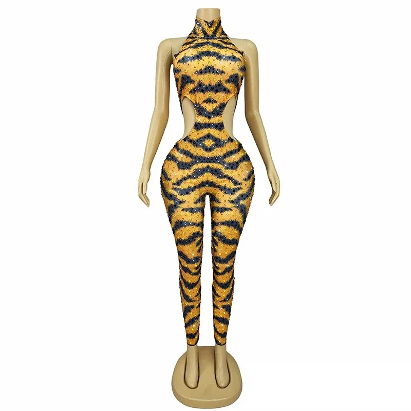 Tiger Pattern Rhinestones Jumpsuit Women Party Gogo Dance Costume Nightclub Dj Ds Rave Outfit Stage Festival Cloth