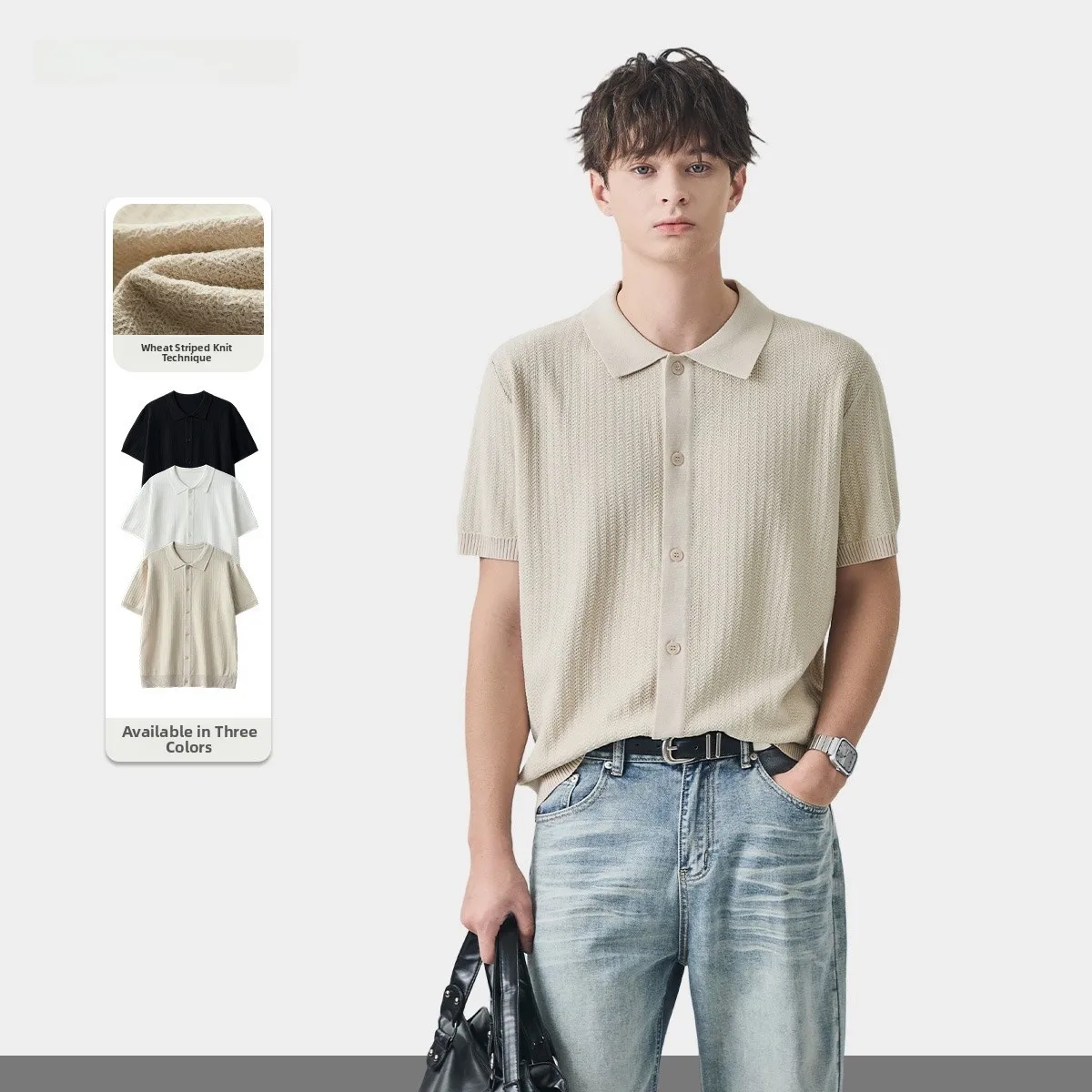 

Мужской вязаный кардиган свободного кроя с коротким рукавом, с узором «пшеничный колос» и цветочным орнаментом, летний модный повседневный топ