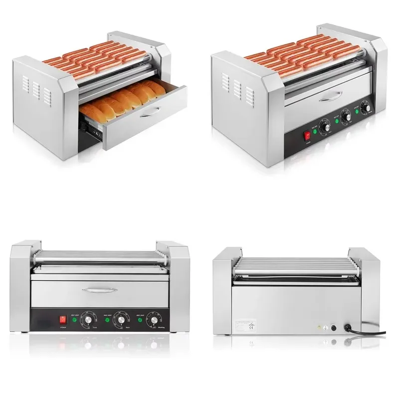 HHD07AS Professional Hot Dog Roller with Bread Heating Drawer Commercial Grade Sausage Grill for Food Stand 7 Rollers