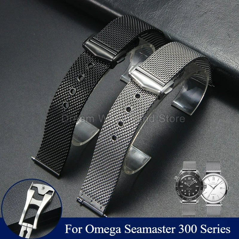 Matte Finish Anti-Scratch Sweat-Resistant Stainless Steel Mesh Watchband for Omega Seamaster Black Silver 20mm Watch Accessories