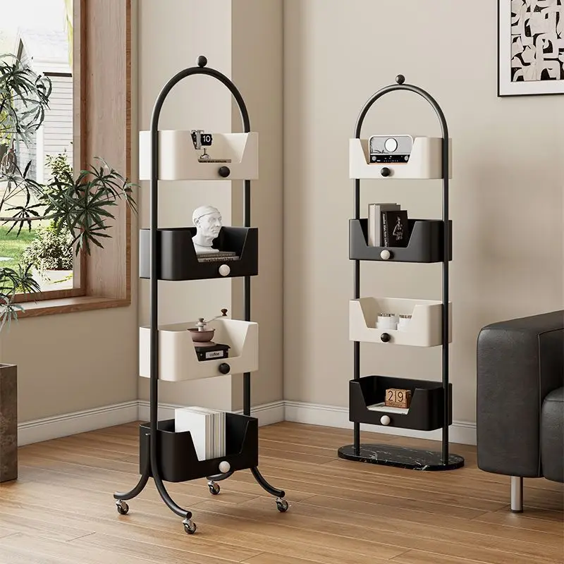 Movable bookshelf, bedroom, living room, household floor-to-ceiling rotating shelf, children's toy snack rack, small bookcase by