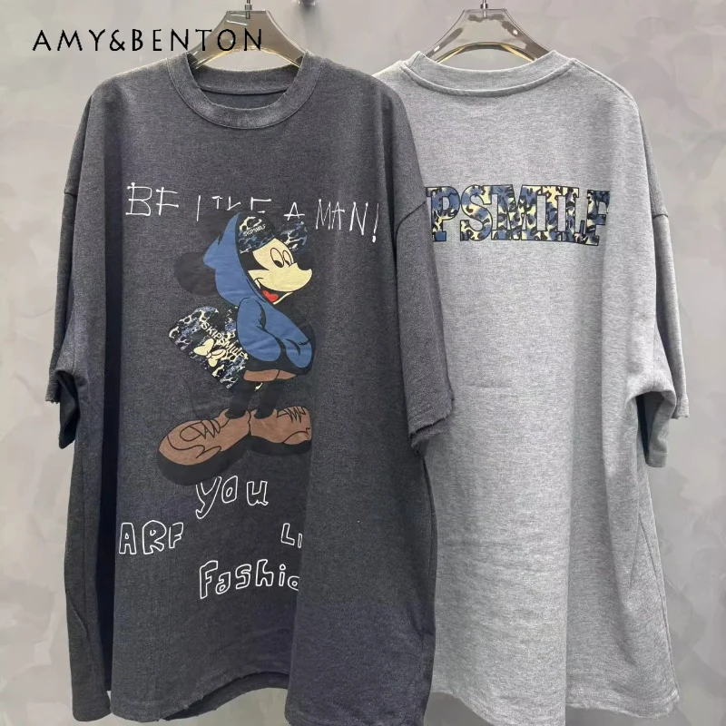 

2025 Winter New Loose Mid-Length Oversized T-shirt Versatile Colorful Striped Pure Cotton Short Sleeved Pullover Tshirt Y2k Tees