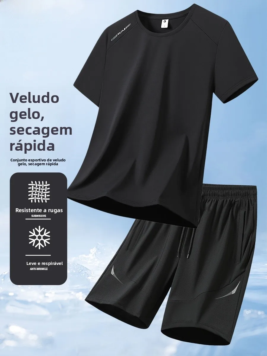 romon-ice-silk-quick-dry-sports-set-men's-summer-thin-short-sleeve-t-shirt-shorts-two-piece-casual-running-fitness-wear