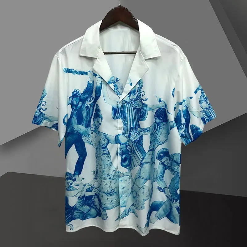 Abstract Art Portrait Pattern Print Shirt Short Sleeve Casual Men Shirt Streetwear Summer Camisa  Masculina  Shirt Moda Hombre