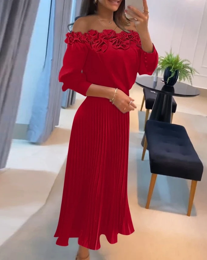 Women's Elegant Dress 2024 Spring Summer Latest Casual Off Shoulder Frill Hem Pleated Midi Dress Long Sleeve Button Long Skirt