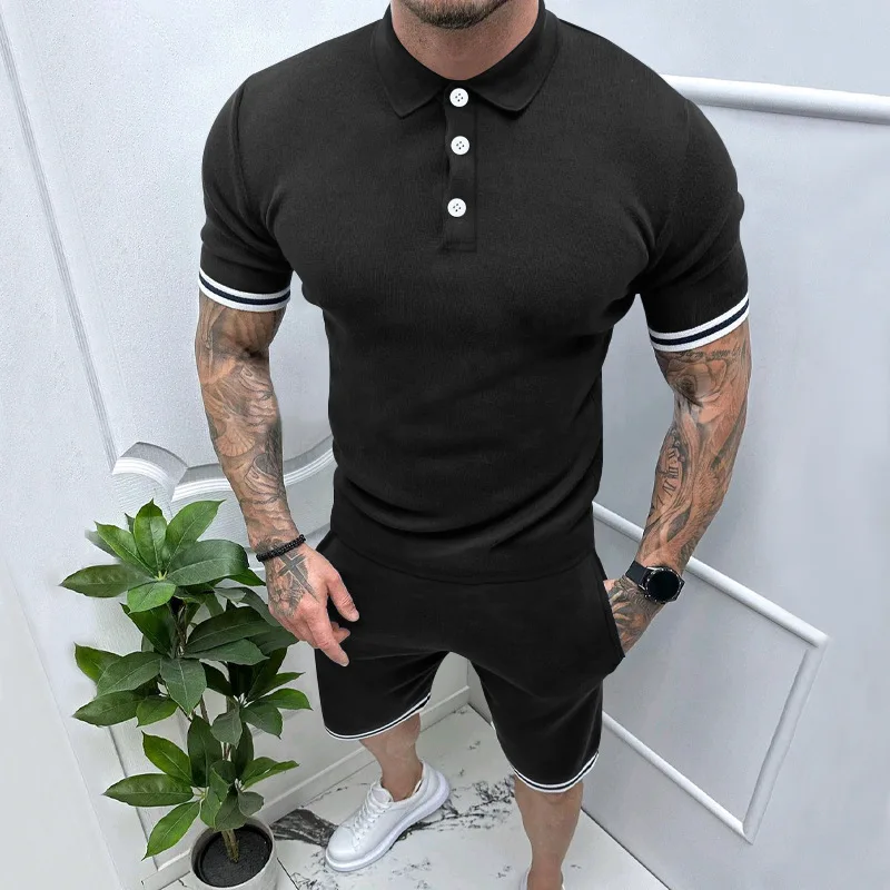 Summer New Polo-neck Casual Fashion Patchwork T-shirt Elastic Waist Drawstring Shorts Set Male Sporty Tee Loose Short Pants Suit