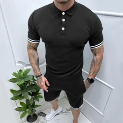 T-shirt patchwork décontracté à col polo pour hommes, taille élastique, short à cordon de proximité, ensemble de tee-shirt sportif masculin, pantalon court trempé, mode estivale, nouveau