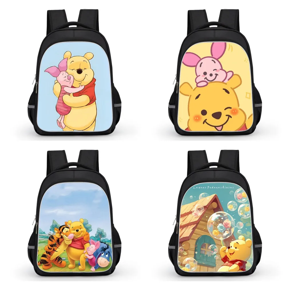 

Школьные сумки с рисунком Диснея Винни для мальчиков и девочек, школьный рюкзак 16 дюймов с двойным карманом на молнии, прочный детский рюкзак для учеников