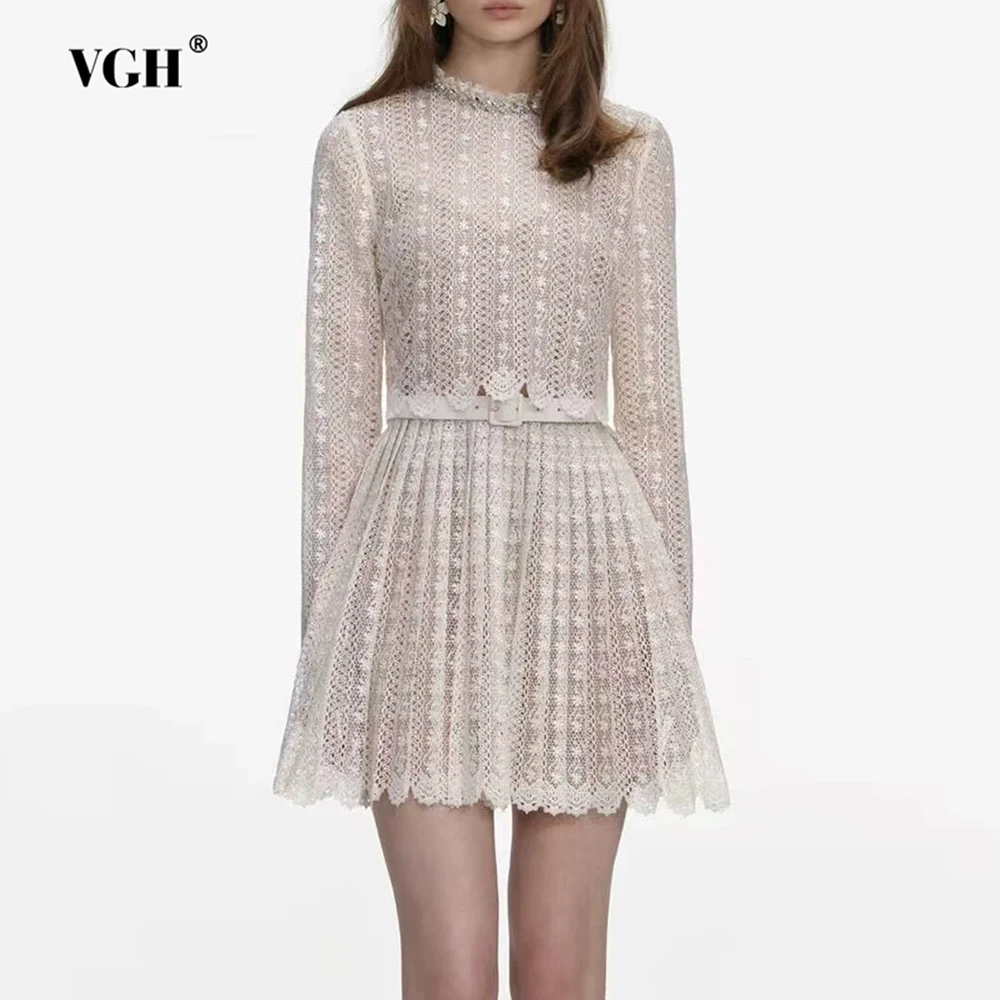 VGH الصلبة التخسيس فساتين الدانتيل الأنيقة للنساء جولة الرقبة طويلة الأكمام عالية الخصر الربيع عارضة حزب فستان قصير الإناث جديد