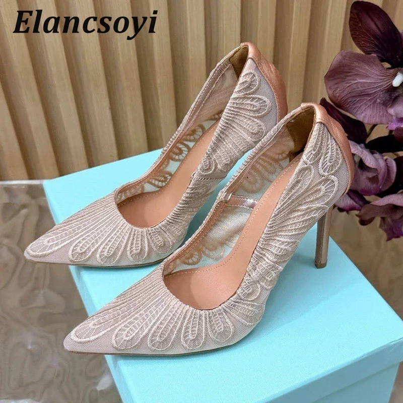 Pumps Women's Hand Embroidery Mesh Pointed Toe Thin Heels Shallow Mouth Single Shoes Summer Fashion Banquet Dress High Heels