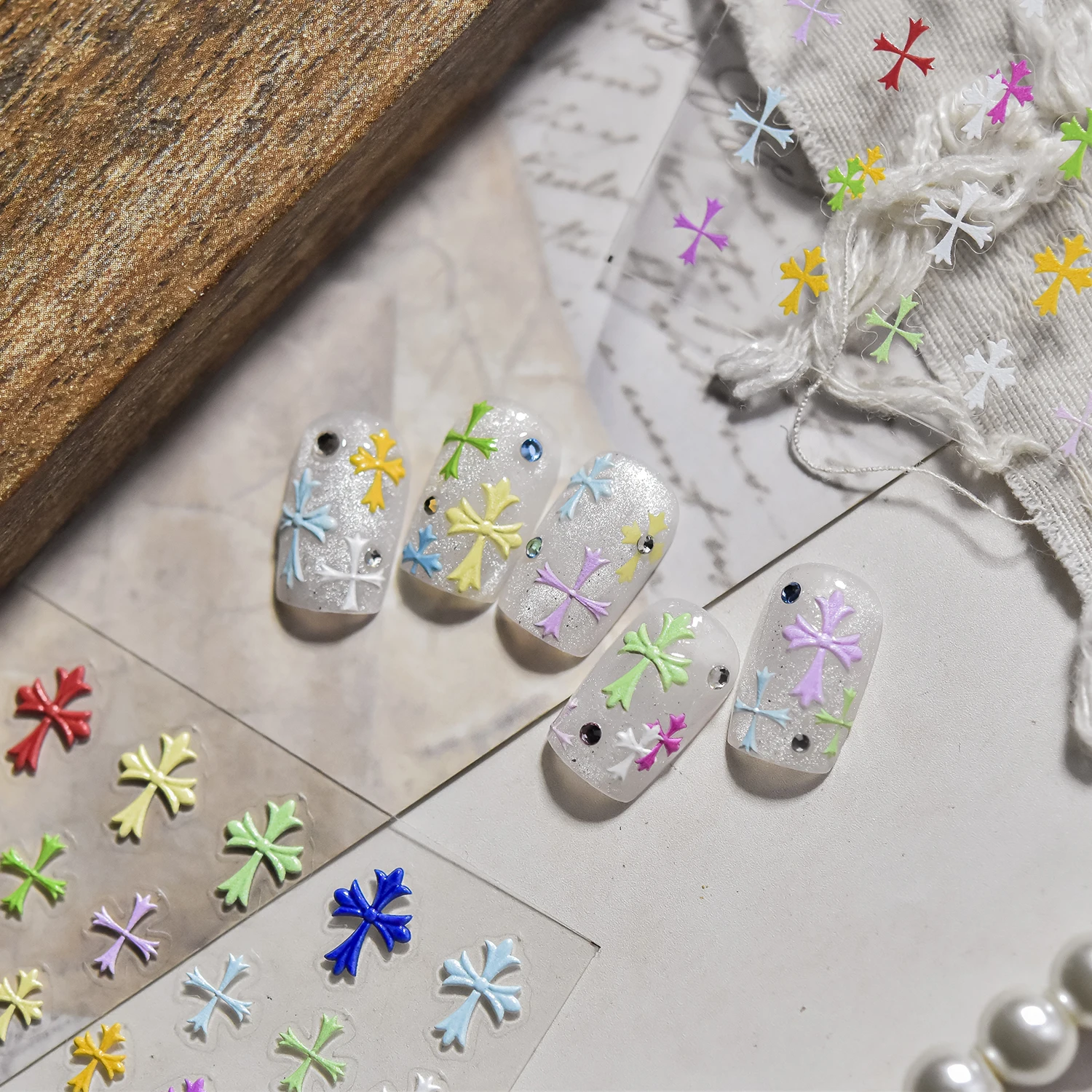 1PCS Colorful Cross Nail Stickers Nail Art Supplies 5D Letters Flowers Embossed Nail Art Decals Nail Art Decoration