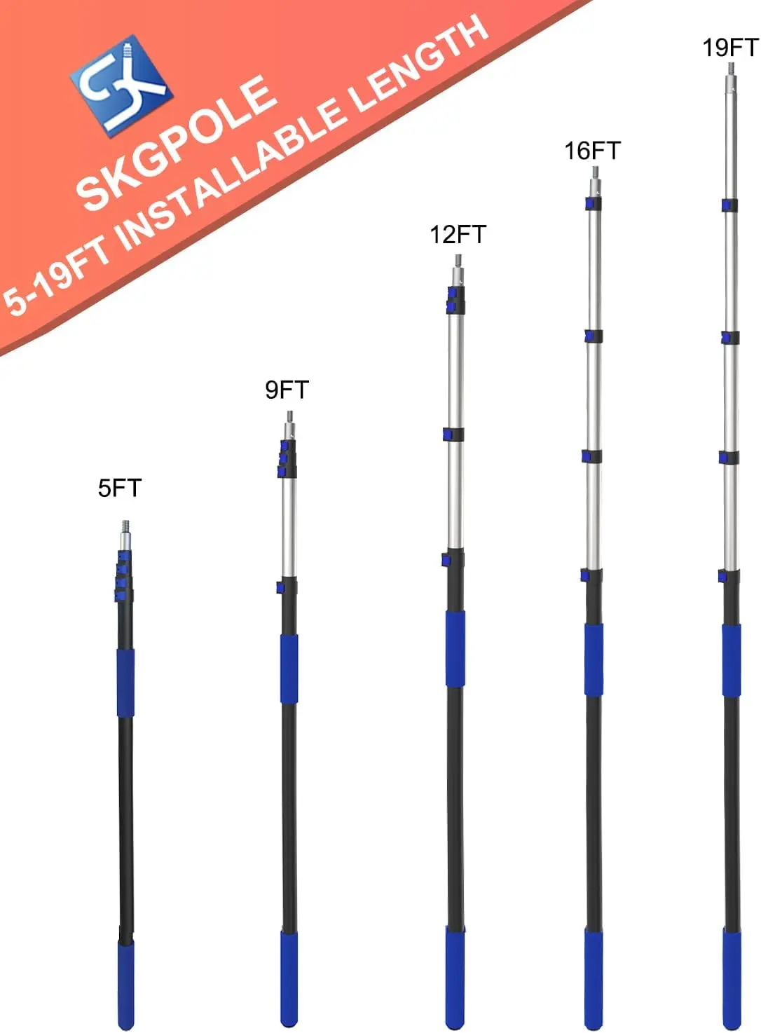 26FT Reach Telescopic Extension Pole 5-19FT Multi-Purpose Extension Pole with Universal Twist-on Metal Tip