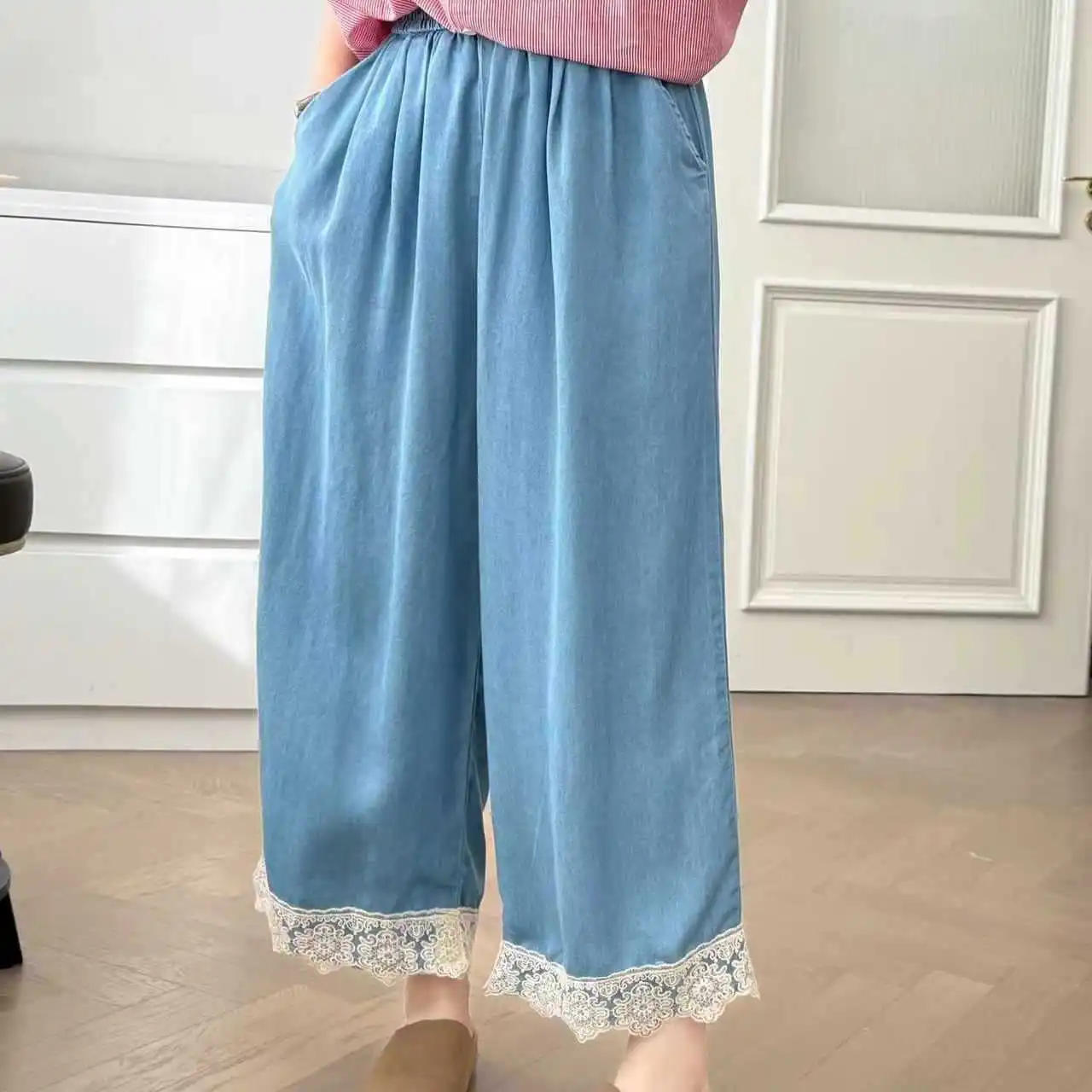 

Japanese Vintage Mori Girl Lace Hem Patchwork Denim Wide Leg Pants Women Spring Elastic Waist Casual Loose Straight Jeans