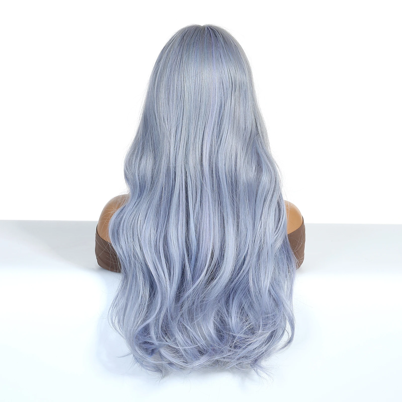 Halloween Long Wavy Synthetic Light Blue Wig with Bangs for Women Colorful Cosplay Lolita Party Fake Hair Wig Heat Resistant