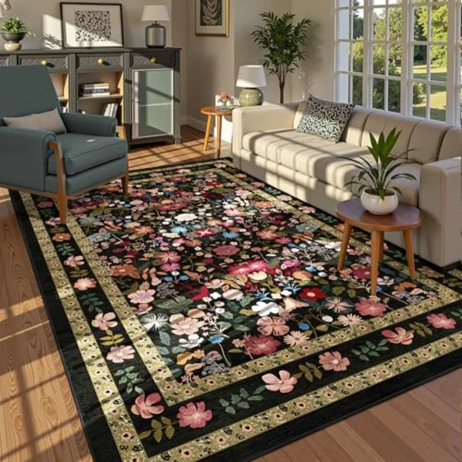 

Floral Area Rug 6x9 for Living Room Vintage Large Washable NonSlip Bedroom Carpet Soft Low Pile Thin Floor Mat Indoor for Dinin