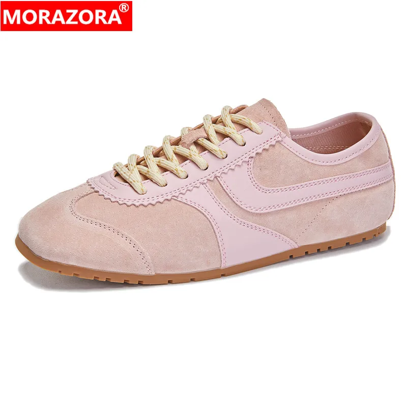 

MORAZORA 2024 New Real Leather Women Flats Lace Up Casual Shoes Pink Green Silver Women's Sneakers Ladies Flat Footwear