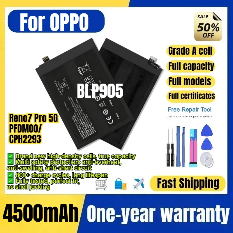 BLP905 for OPPO Reno7 Pro 5G/PFDM00/CPH2293 Phone Battery High Quality High Capacity Replacement Bateria Grade A Cell with Tools