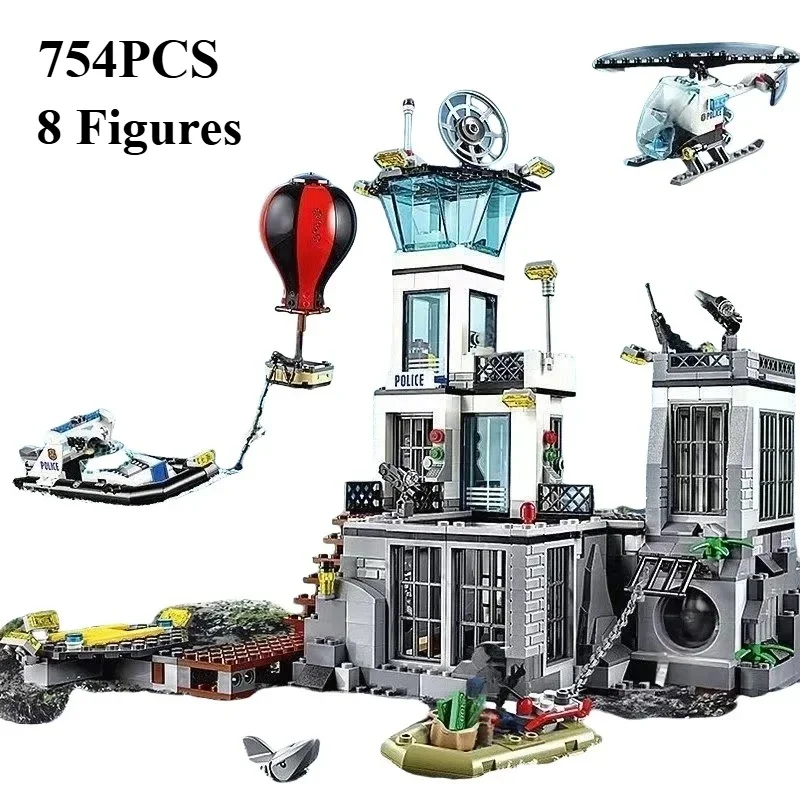 

754PCS City Police Prison Island Building Block Helicopter Boat Dinghy Shark Assemble Brick Toy Children's Holiday Gift