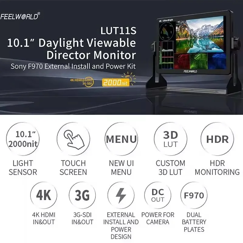 FEELWORLD LUT11S 10.1 Inch Ultra Bright 2000nit IPS Touch Screen Monitor 3DLUT 3G-SDI HDMI-Compatible for DSLR Camera
