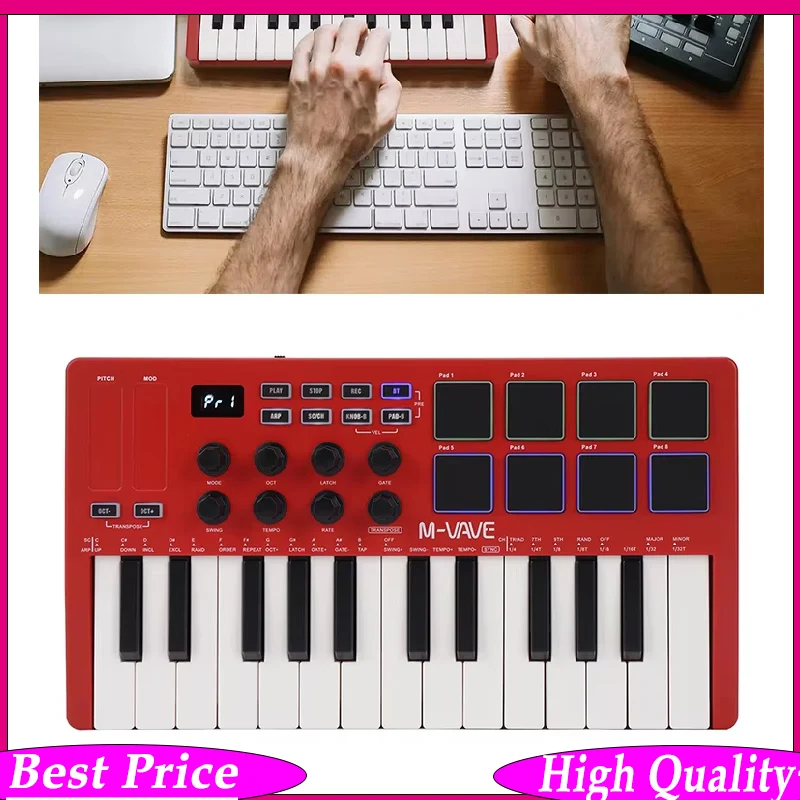 

M-VAVE Red 25-клавишная MIDI-клавиатура с USB-подключением, MIDI-контроллер с 25 чувствительными к скорости клавишами, 8 RGB-подсвечиваемых пэдов