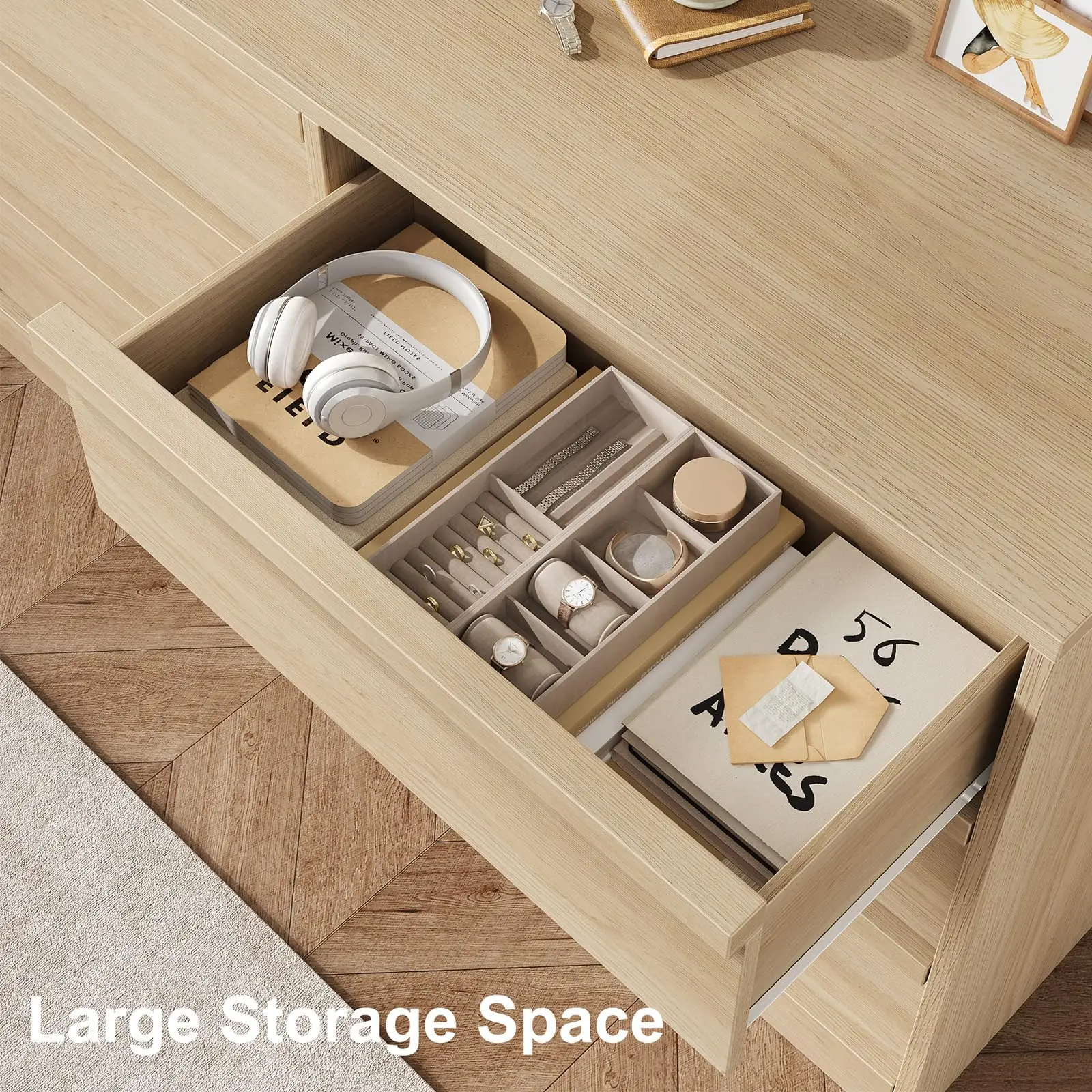6 Drawer Dresser for Bedroom Wooden Chest of Drawers with Large Storage 47" Freestanding Horizontal Double Dresser Cabinet for Nursery/Entryway/Living Room - Antique White/Natural Oak image 7