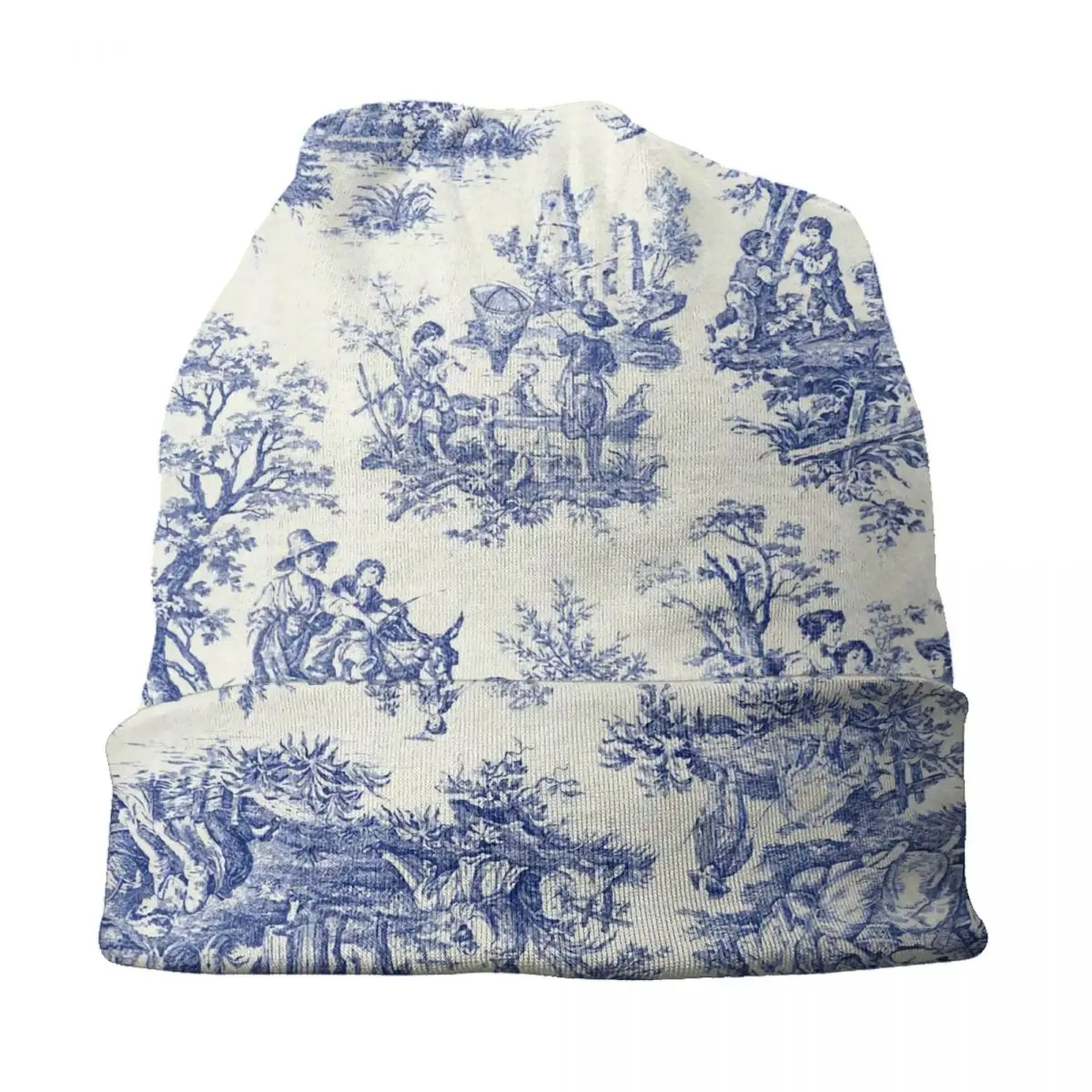 French Navy Blue Toile De Jouy Motif Pattern Skullies Beanies Caps Unisex Winter Warm Knitted Hat Bonnet Hats Outdoor Ski Cap