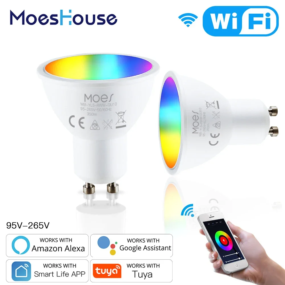 Moeshouse GU10 Wifi Smart Led-lampen Rgbw C + W Witte Dimbare Lampen Leven Tuya Afstandsbediening Gloeilampen Werk met Alexa/Google