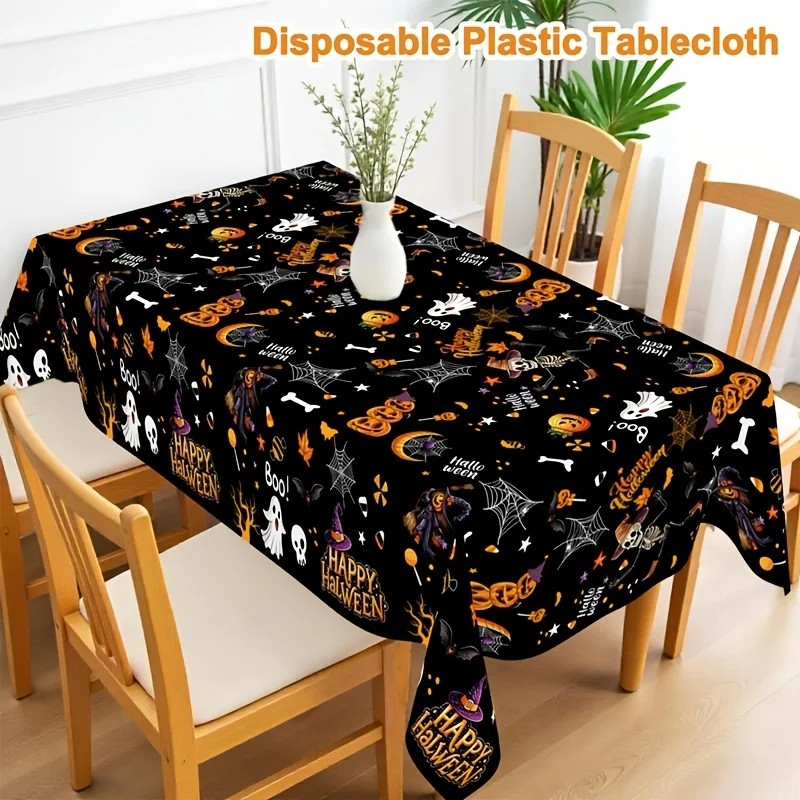 1pc Happy Halloween Tablecloth, Pumpkin Ghost And Skeleton Designs, 51.18 X 86.61inch Disposable Plastic Rectangular Tablecloth,